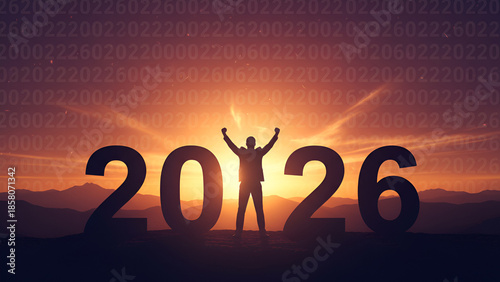 Person celebrating the arrival of 2026, New year 2026 with sunrise, Welcoming 2026 with optimism and joy