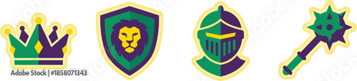 Fantasy medieval game icons set with royal crown, lion shield, knight helmet and magic mace in colorful flat style