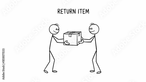 Two stick figures exchanging a box representing a return item transaction.
