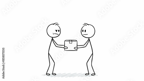 Two stick figures exchanging a package, illustrating a transaction or delivery.