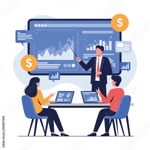 Professional businessman gives a financial presentation to colleagues using a large digital screen with various data charts and graphs.