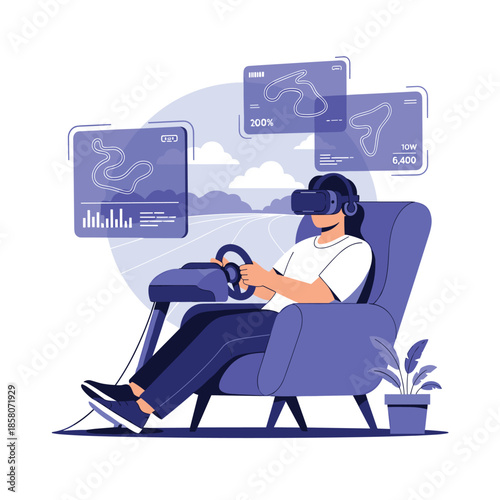 Young man experiences immersive virtual reality racing using a VR headset and steering wheel controller in a comfortable home setting.