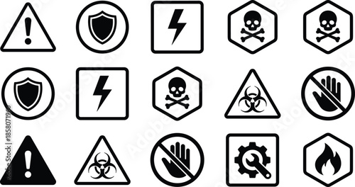 Safety and hazard warning icons set including alert, security shield, danger symbols, biohazard, toxic risk signs isolated on white background