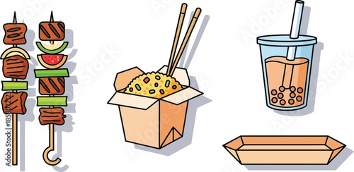 Assortment of takeout food illustrations featuring grilled skewers, fried rice, and bubble tea on a simple background