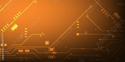Futuristic Circuit Background With Orange Neon Lines And Tech Elements, Abstract Digital Industry Theme.vector illustration eps10