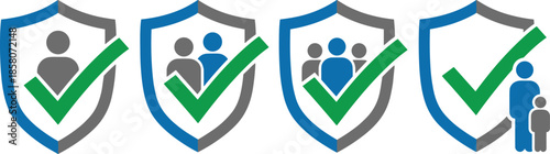 User protection and verification shield icons showing individual and group security approval concept for insurance, safety, and access control