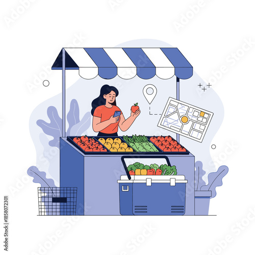 Customer using a mobile application to find and purchase fresh fruits and vegetables at a local grocery stall with map integration.