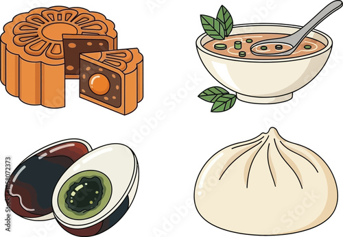 Collection of Assortment of Traditional East Asian Culinary Delights: Mooncake, Steamed Bun, Soup, and Preserved Egg Art, Presented from a Clear Perspective