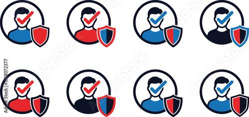 Verified user profile and identity protection concept icons showing approved accounts, trust validation, and cybersecurity shield elements in modern flat style