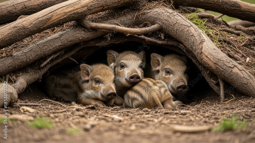 Fototapeta premium Wild boar piglets resting under tree roots in forest habitat