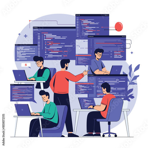 Diverse group of software developers working together on coding projects using multiple computers and large screens with code interfaces.