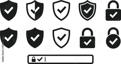 Black shield and padlock security icon set with check marks representing verified protection, secure access, authentication, and cybersecurity concepts