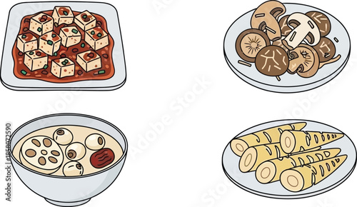 An illustrated collection of traditional East Asian vegetarian dishes featuring classic ingredients and savory flavors for a wholesome meal