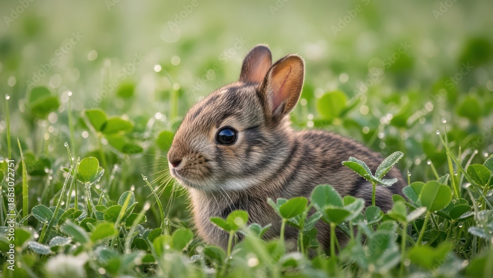 Fototapeta premium Adorable young rabbit surrounded by dewy clover in a sunny meadow
