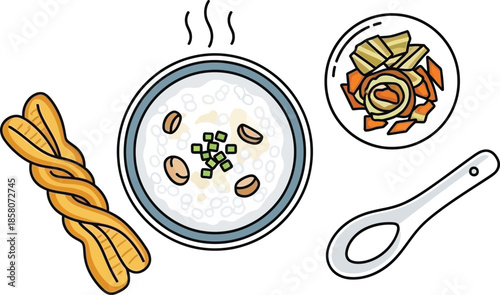 Overhead illustration: warm congee breakfast with fried dough, pickled vegetables, and a spoon.