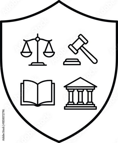 Legal shield emblem featuring scales of justice, judge gavel, open law book, and courthouse icon representing law protection concept