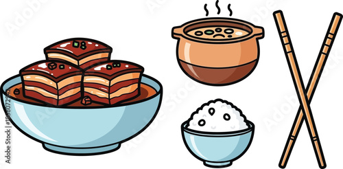 Illustrated Traditional Asian Meal Featuring Braised Pork Belly, Steaming Soup, and Rice with Chopsticks