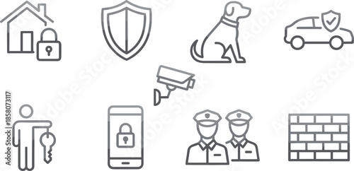 Home and property security line icons set including shield, dog guard, police, surveillance camera, car protection, and smart lock symbols