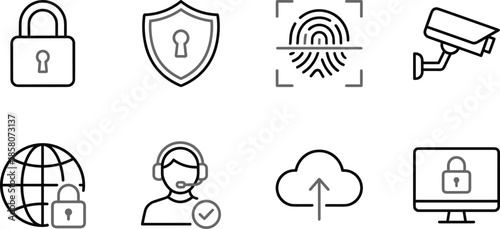 Cyber security and data protection line icons set including lock, shield, fingerprint scan, CCTV camera, cloud upload, and secure support symbols
