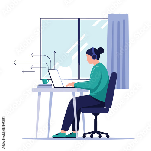 Person working from home on a laptop while wearing headphones in a quiet room with a window showing arrows indicating digital connectivity.
