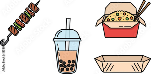 Collection of diverse take-out food and drink items including a skewer, bubble tea, and fried rice in an illustrated style.