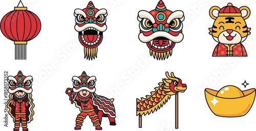 Joyful East Asian festival icons: traditional lion and dragon dances, red lantern, happy tiger, and prosperity symbols.