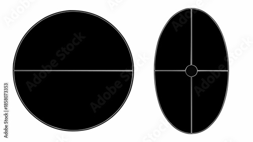 Two black abstract shapes one round one oval with lines.