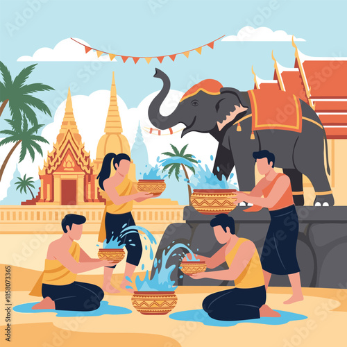 People in traditional Thai costumes celebrate the Songkran festival by pouring water from bowls near golden temples and an elephant.