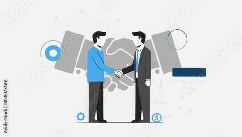 Two businessmen shaking hands in agreement with abstract background elements.