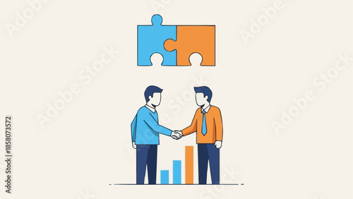 Two businessmen shaking hands with puzzle pieces above and graph below.