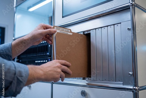 Man inserting physical folder labeled system backup into modern server rack slot for data security
