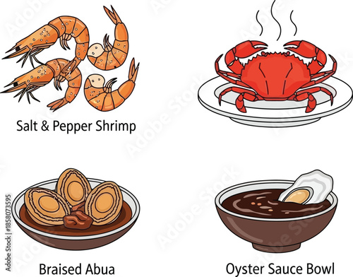 Culinary illustration showcasing an assortment of prepared Asian seafood dishes like shrimp, crab, and braised abalone, with oyster sauce.