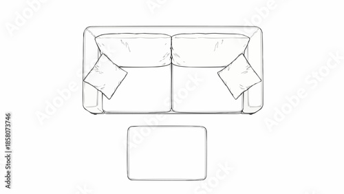 Top view sketch of a modern two-seater sofa with cushions and a coffee table.