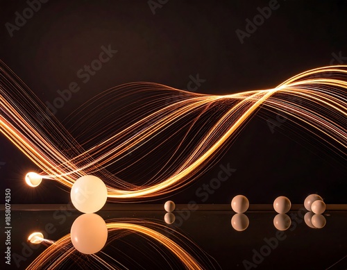 Illuminated spheres with glowing trails on dark reflective surface