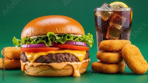 A restaurant menu promotion featuring a juicy burger with melted cheese, crispy chicken nuggets, and a refreshing cold beverage on a solid green background.