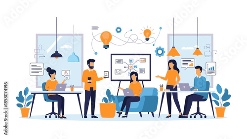 Illustration of a diverse team collaborating in a modern office with laptops and a whiteboard, surrounded by plants and lightbulbs, conveying a creative and productive atmosphere with a mix