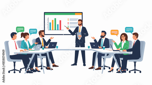 Illustration of a business team engaged in a meeting with a presenter pointing at a screen displaying a graph in a modern office setting with a professional mood.
