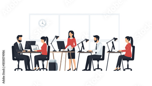 Illustration of a diverse group of office workers sitting at desks with computers and lamps in a modern workspace with a neutral color palette.