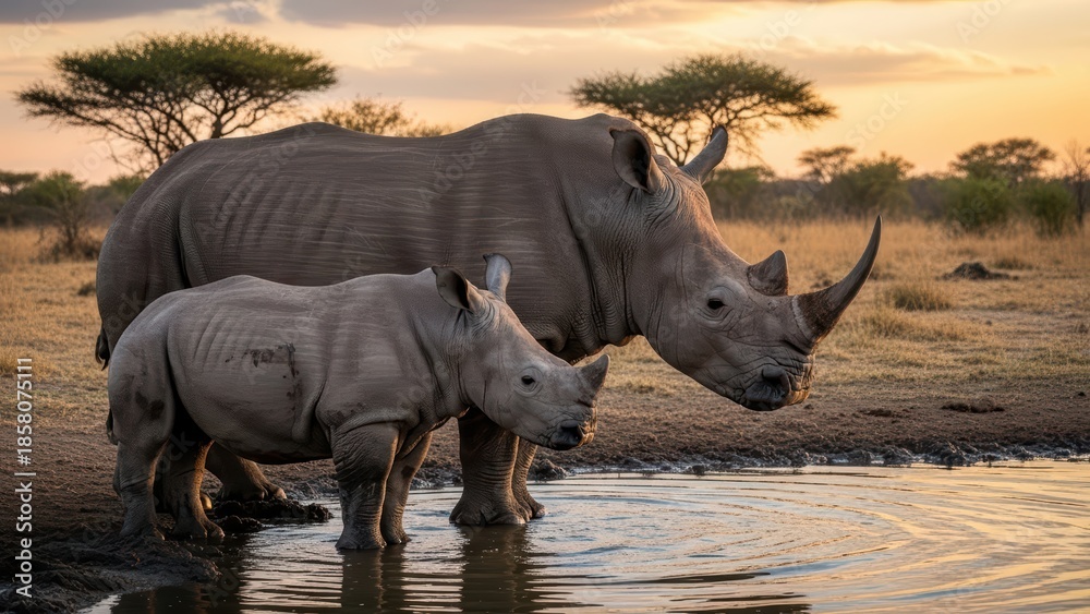 Fototapeta premium Majestic rhinos at waterhole in african savannah during sunset