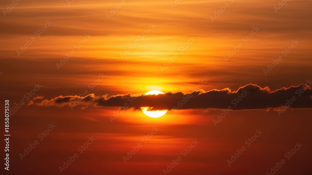 Fototapeta premium Fiery sunset illuminates layered clouds with the sun peeking through