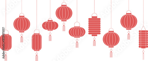 Red Chinese lantern illustration set, traditional Asian hanging lanterns, festive decoration for Lunar New Year celebration, minimal flat vector design