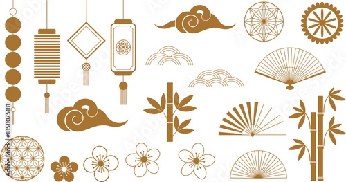 Traditional Asian decorative elements collection with lanterns, fans, bamboo, flowers and clouds, elegant brown minimal vector design set