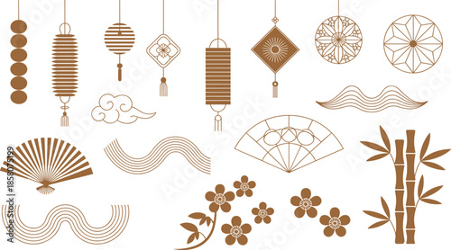 Traditional Asian decorative elements collection with lanterns, fans, bamboo, flowers and clouds, elegant brown minimal vector design set