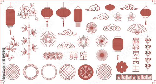 Traditional Chinese decorative elements collection with lanterns, flowers, clouds, bamboo and symbols, vintage red Asian festival vector design set