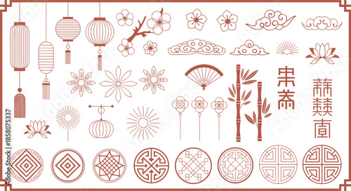 Traditional Chinese decorative elements set with lanterns flowers bamboo clouds symbols vintage red line art vector collection festival design pack