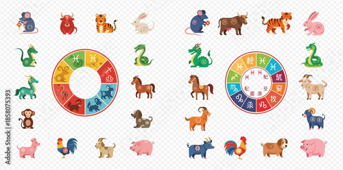 Chinese Zodiac Animals and Horoscope Wheels Vector Illustration Set.