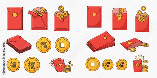 Chinese New Year red envelopes and golden coins with prosperity symbol, traditional celebration.