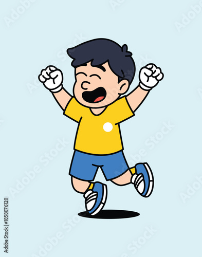A happy cartoon boy with dark hair, wearing a yellow t-shirt and blue shorts, is jumping in the air with his fists clenched and eyes closed in excitement. Football Soccer Player Retro Mascot Character