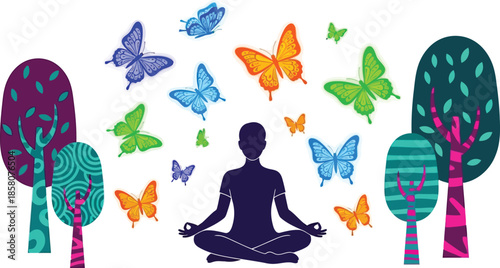Meditating figure with butterflies