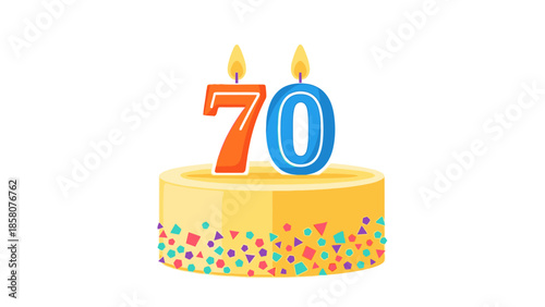 Illustration of a yellow birthday cake with colorful sprinkles and lit candles forming the number 70 on top against a plain white background.